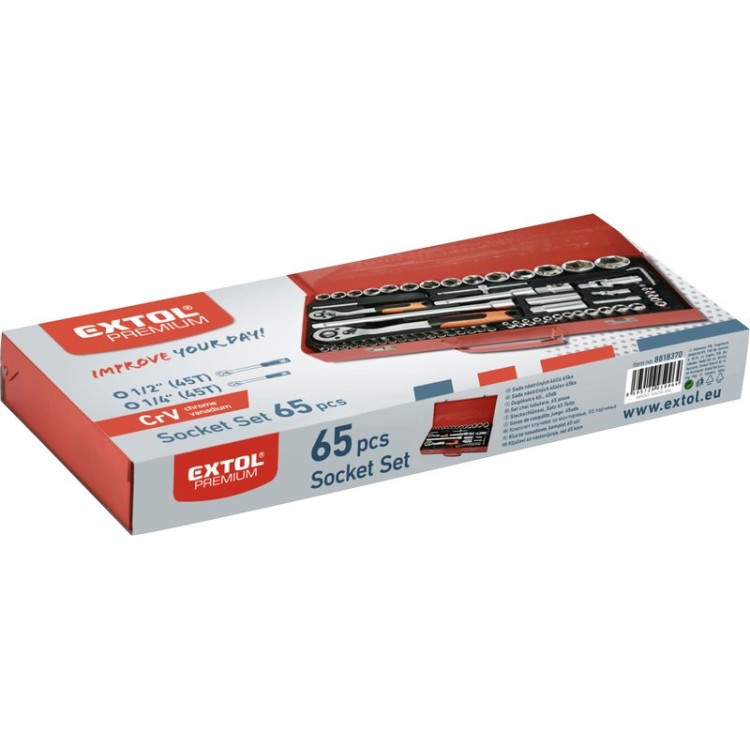 EXTOL PREMIUM hlavice nástrčné, sada 65ks, 1/4", 1/2"