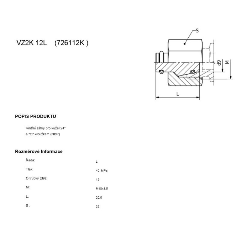 Zátka vnitřní pro kužel 24°  M18x1,5  ( DIN 3861 )
