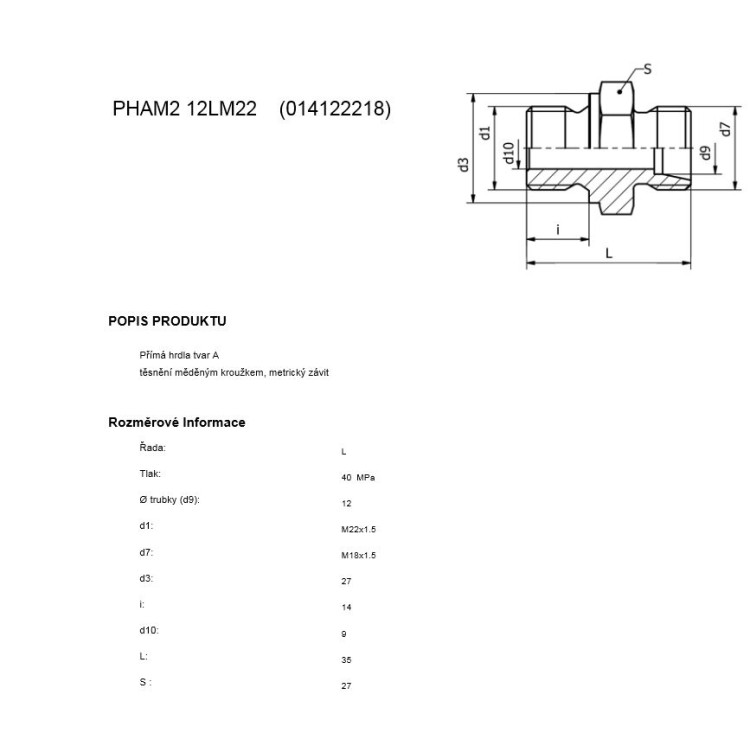 Hrdlo přímé M22x1,5/M18X1,5 trubka 12 (DIN 3901)