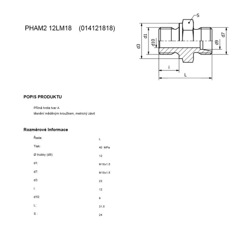 Hrdlo přímé M18x1,5/M18X1,5 trubka 12 (DIN 3901)