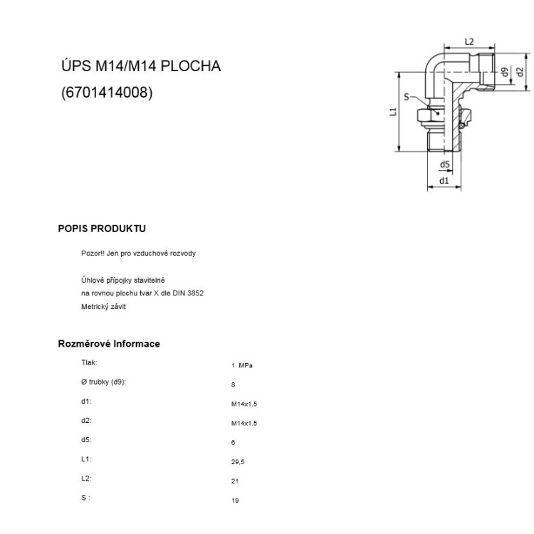 Přípojka stavitelná úhlová (vzduch) M14-14