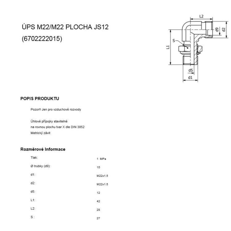 Přípojka stavitelná úhlová (vzduch) M22-22