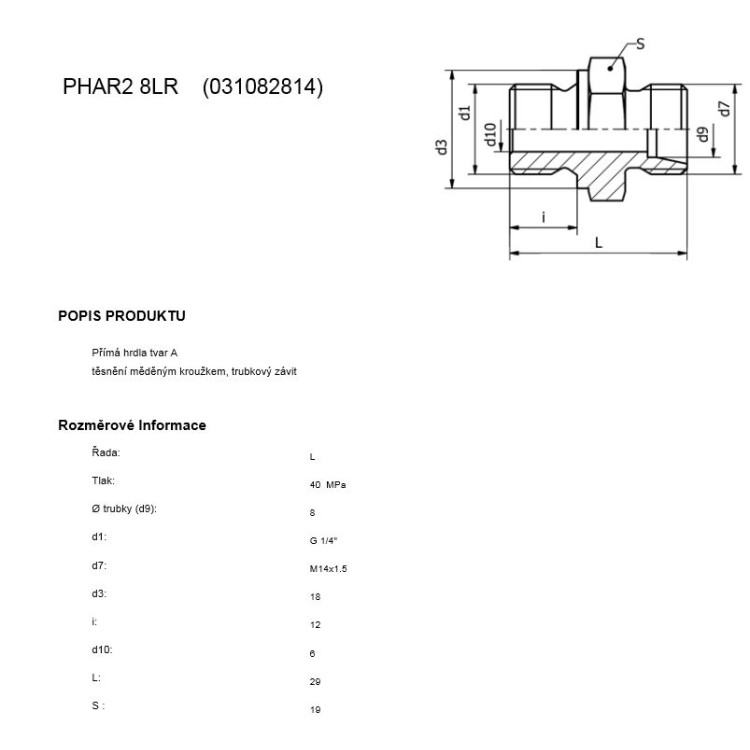 Hrdlo přímé trubkový a metrický závit G1/4"-M14x1,5 (DIN 2353)