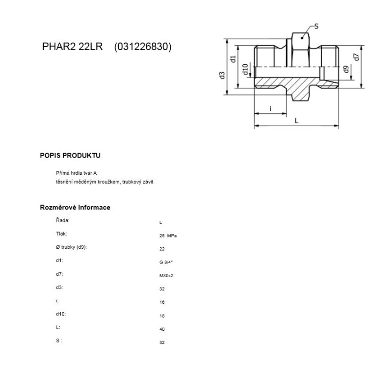 Hrdlo přímé trubkový a metrický závit G3/4"-M30x2 (DIN 2353)