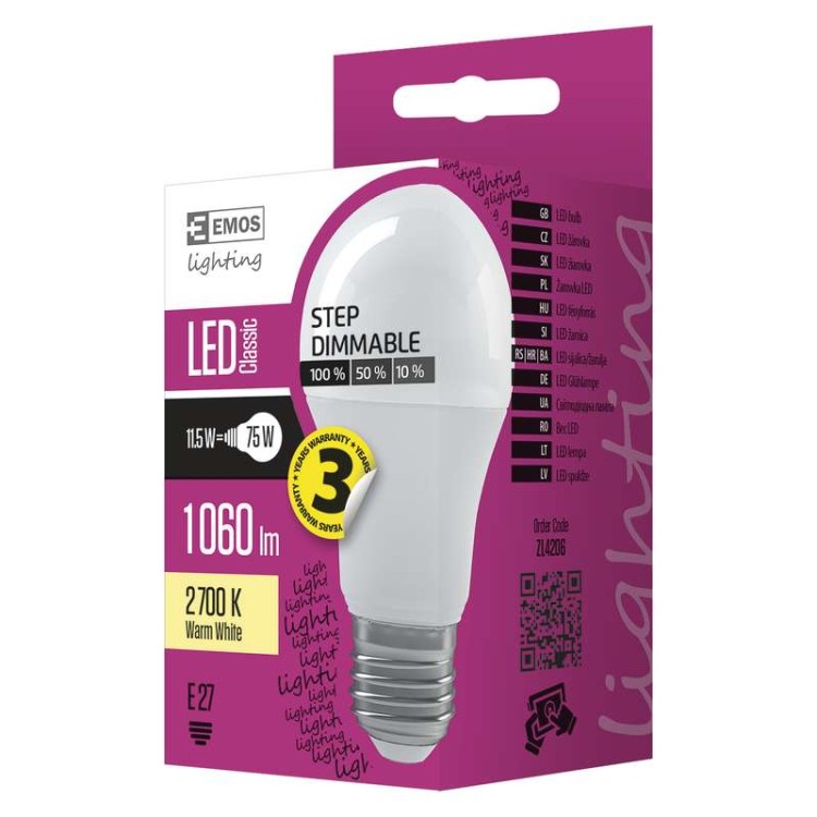 Žárovka LED  A60 11,5W E27 teplá bílá, stmívatelná