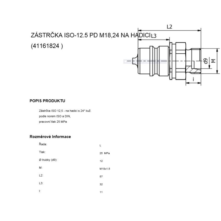 Rychlospojka zástrčka ISO-12.5 PD M18x24 na hadici