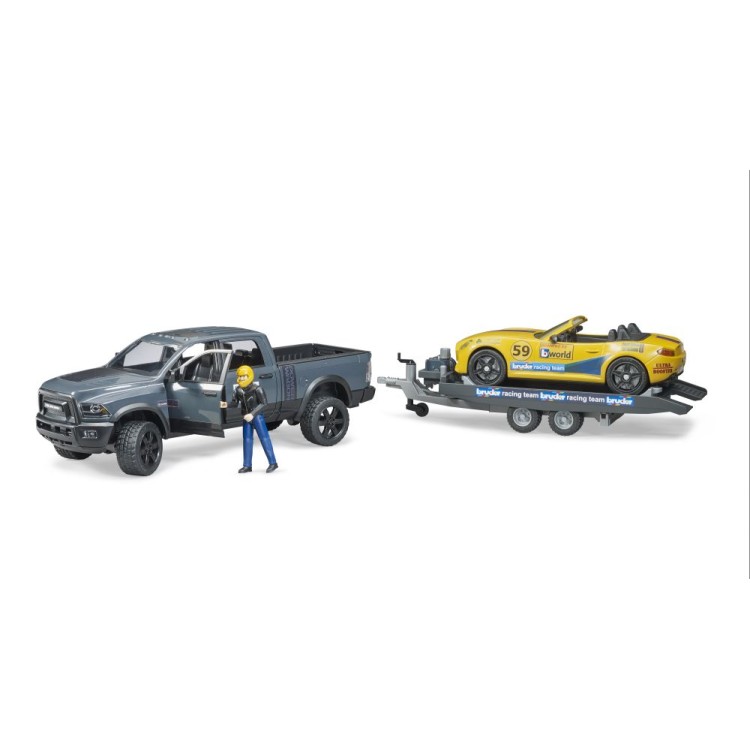 Auto terénní Ram Power Wagon s přívěsem, závodním autem a figurkou Bruder 02504