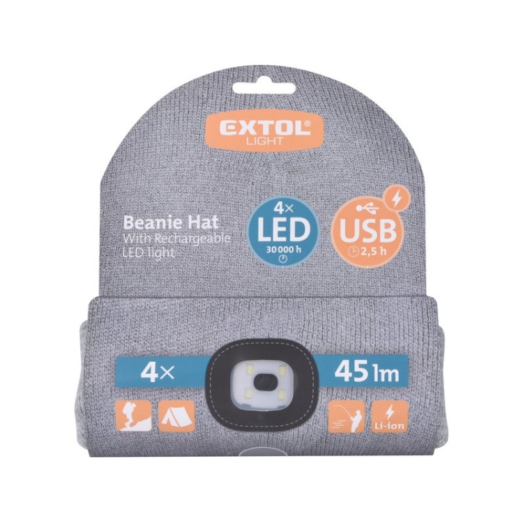 Čepice s čelovkou 45lm, nabíjecí, USB, šedá, univerzální velikost