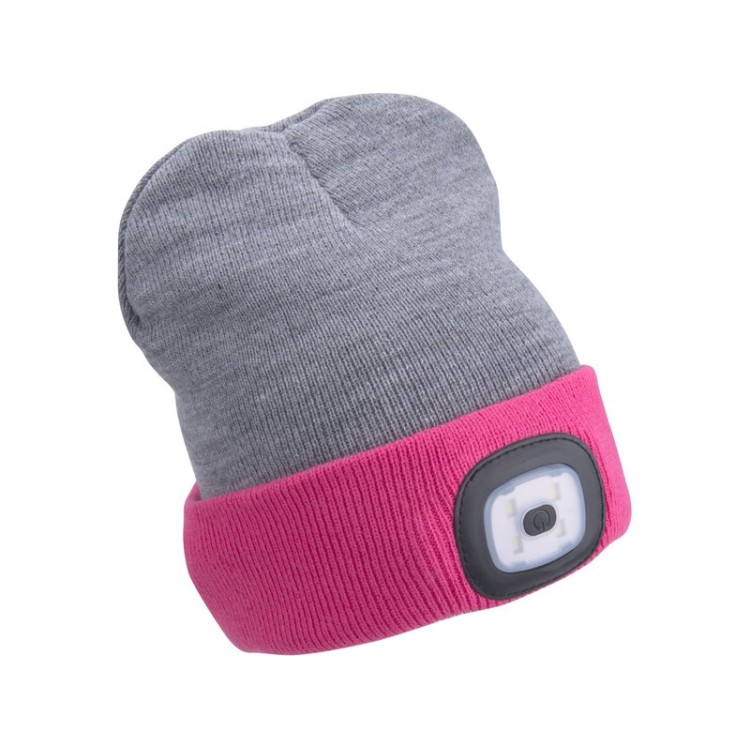 Čepice s čelovkou 45lm, nabíjecí, USB, světle šedá/růžová, oboustranná