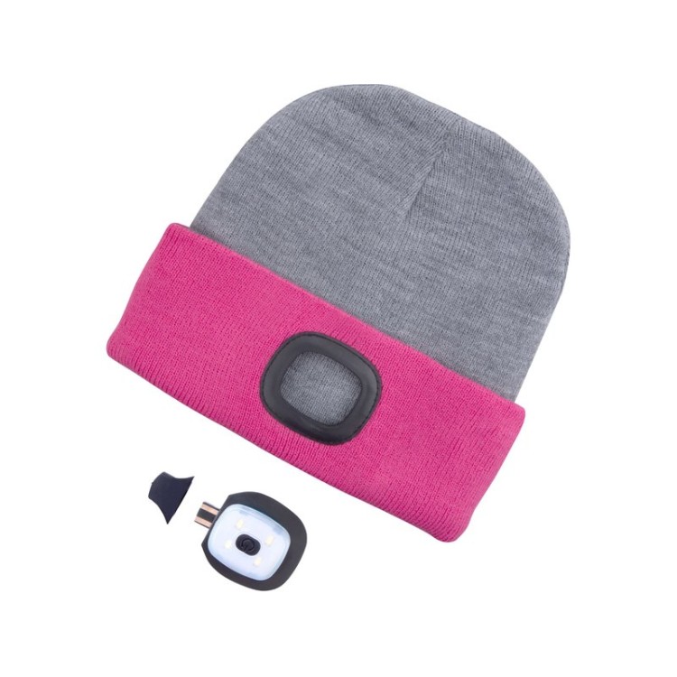 Čepice s čelovkou 45lm, nabíjecí, USB, světle šedá/růžová, oboustranná