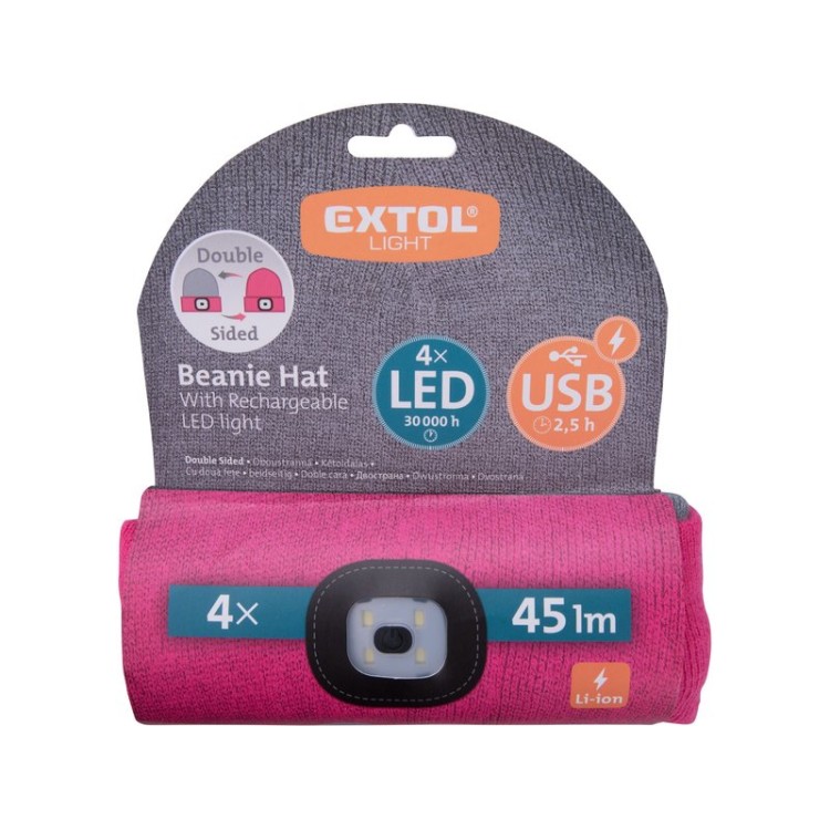 Čepice s čelovkou 45lm, nabíjecí, USB, světle šedá/růžová, oboustranná