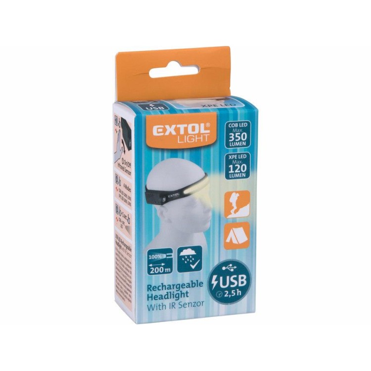 Extol 43186 Čelovka 350lm, USB nabíjení, s IR čidlem, COB, XPE LED