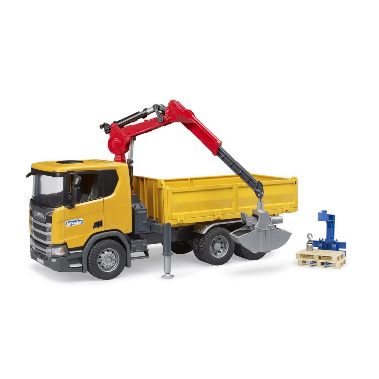 Bruder 3551 SCANIA 560R nákladní auto s jeřábem a 2 paletami