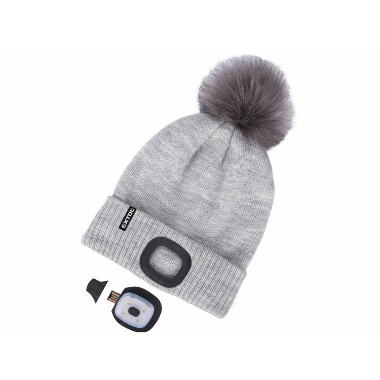 Extol Light 43465 Čepice s čelovkou 4x45lm, USB nabíjení, světle šedá s bambulí