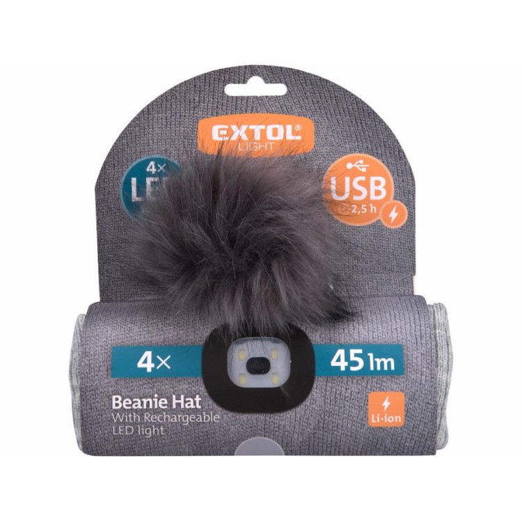 Extol Light 43465 Čepice s čelovkou 4x45lm, USB nabíjení, světle šedá s bambulí