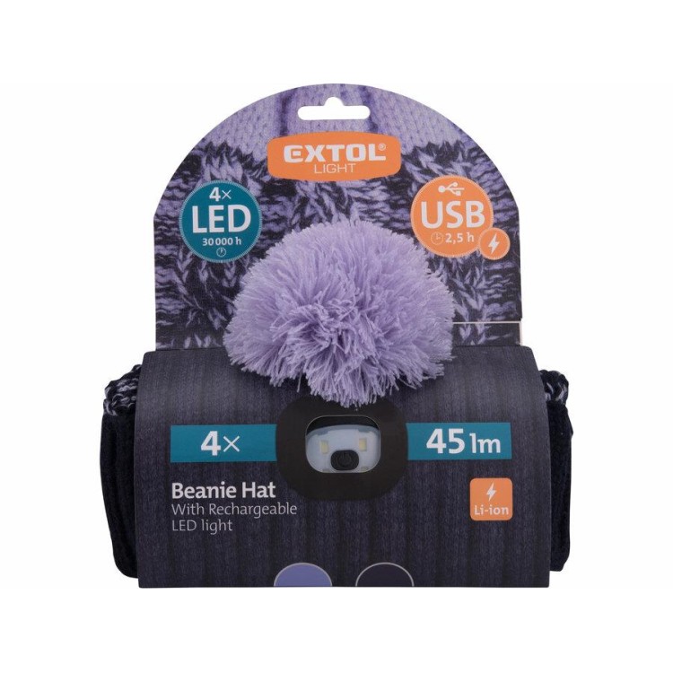 Extol Light 43466 Čepice s čelovkou 4x45lm, USB nabíjení, tmavě modrá/fialová