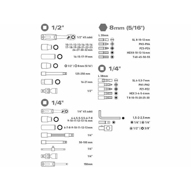 EXTOL 8818337 Hlavice nástrčné, sada 94ks, 1/4", 1/2", CrV/S2