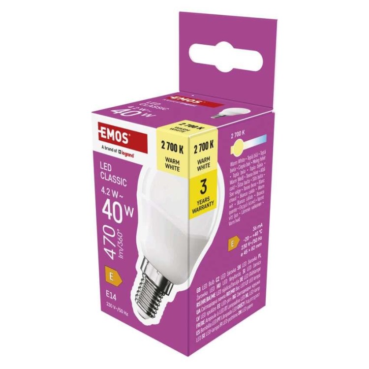 EMOS ZQ1E21 Žárovka Classic LED Mini Globe E14, 4,2 W (40 W), 470 lm, teplá bílá