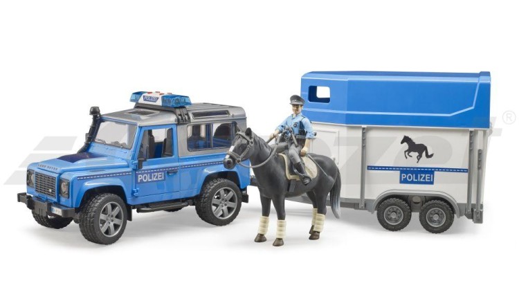 Land Rover Defender POLICIE přívěs pro koně, kůň a policista Bruder 02588