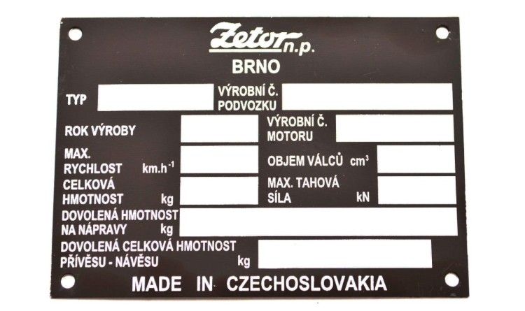 Výrobní štítek traktoru Zetor Czechoslovakia - český popis 975795, 975791