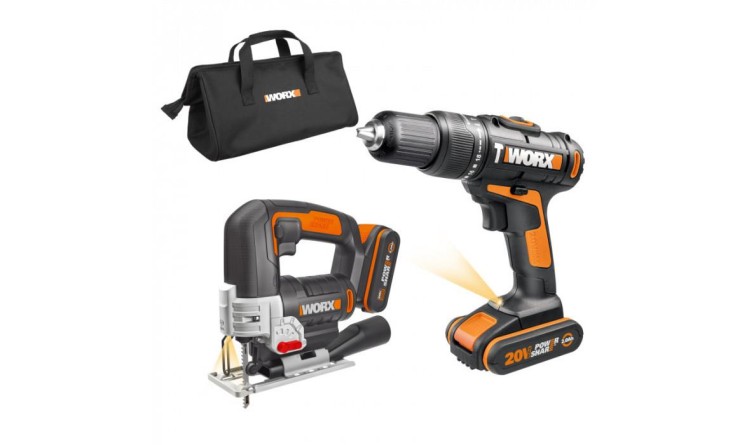 WORX WX967 Aku vrtačka s příklepem a aku přímočará pila 20V 2x2Ah - Powershare