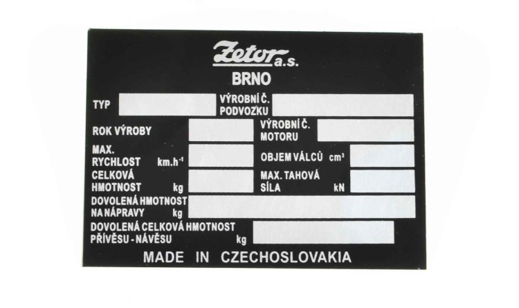 Výrobní štítek traktoru Zetor Czechoslovakia - český popis 975795, 975791