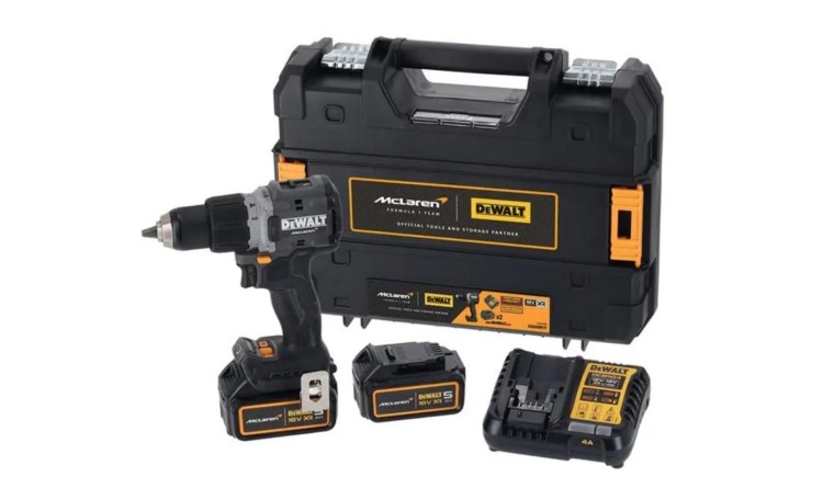 DEWALT McLAREN DCD85MP2T-QW bezuhlíková příklepová vrtačka AKU, 2x5,0 AH