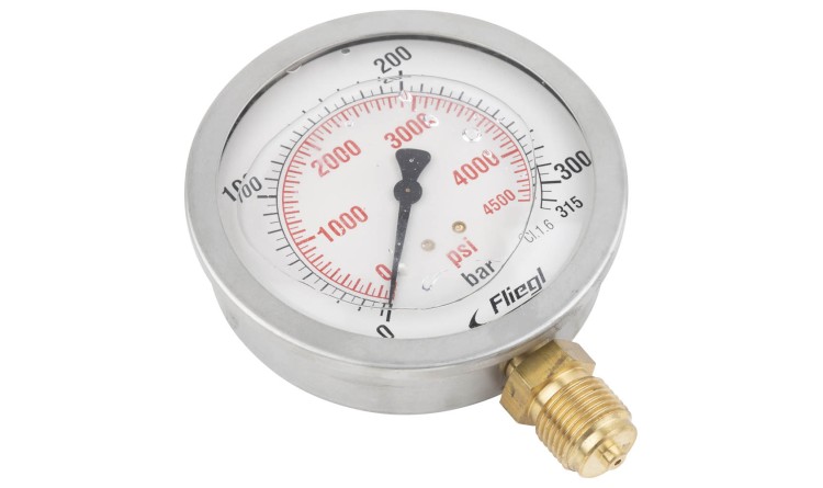 Manometr 0-315 BAR, 1/2", spodní uchycení, plněný glycerinem,nerez.