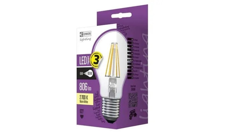 Emos Z74260 Žárovka LED Filament A60 6W E27 teplá bílá