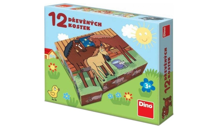 Dino Kostky dřevěné Domácí zvířátka – 12 kostek
