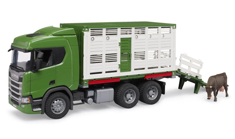 Bruder 3548 SCANIA Super 560R pro přepravu zvířat s 1 krávou