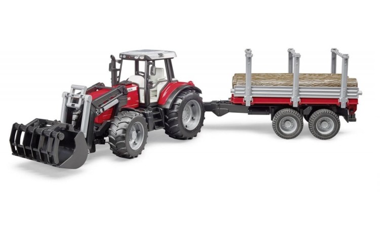 Traktor Massey Ferguson 7480 s nakladačem a přívěsem na dřevo Bruder 02046