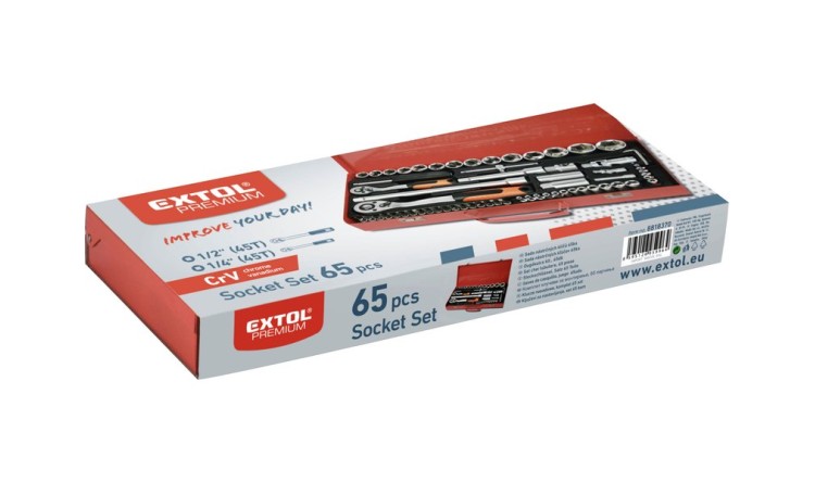 EXTOL PREMIUM hlavice nástrčné, sada 65ks, 1/4", 1/2"