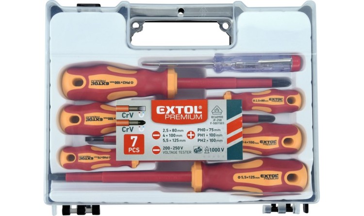 EXTOL PREMIUM šroubováky elektrikářské se zkoušečkou, sada 7ks, 3x(-),3x(PH
