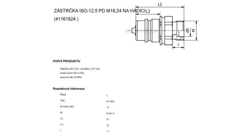 Rychlospojka zástrčka ISO-12.5 PD M18x24 na hadici