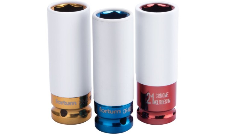 FORTUM Hlavice nástrčné rázové 1/2", sada 3ks, 17-19-21mm, L 86mm