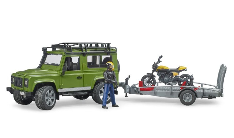 Land Rover Defender,přepravník, figurka, motocykl Bruder 02589