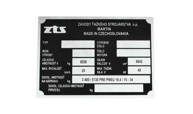 Výrobní štítek traktoru Zetor ZTS - český popis 89805024