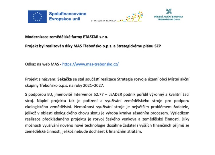 Žací lišta Pöttinger NOVACAT 402 pomůže Etastar s.r.o. modernizovat provoz
